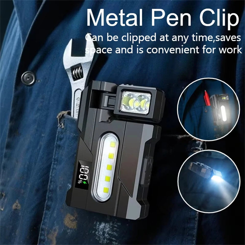 Multipurpose Dual Light Source LED Keychain Flashlight LCD Display Rotatable Pocket Work Light with Metal Clip EDC Torch for Outdoor Camping Hiking Emergency