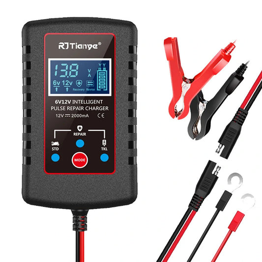 RJtianye Smart Automatic Motorcycle Battery Charger with 2m Clamp for 6V-12V 2Ah-20Ah Lead-Acid Battery