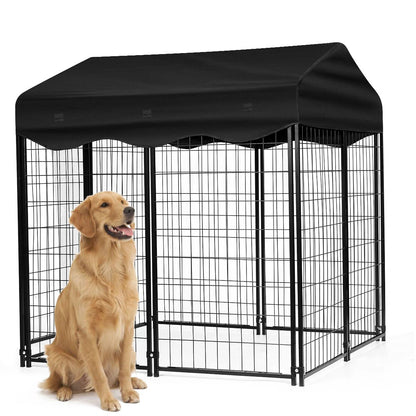PawGiant Large Dog Kennel Outdoor Dog House with Roof 4ft x 4.2ft x 4.45ft Heavy Duty Metal for Large to Small Dog, Outside Dog Kennel Pet Crate Cage Playpen with UV-Proof Waterproof Cover