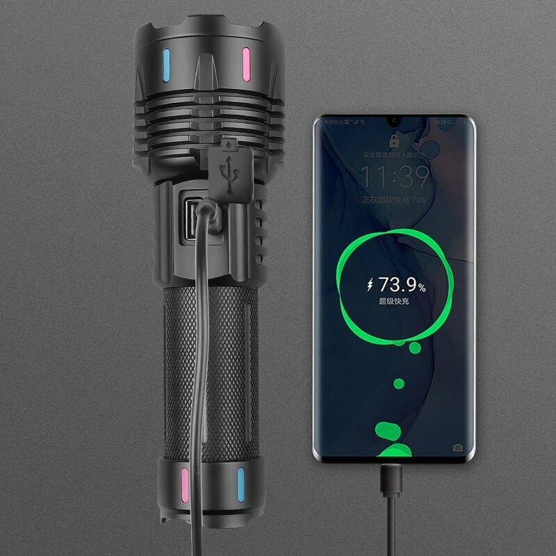 30W White-Light LED Flashlight Tactical Telescopic Zoom Flashlight Band Color Night Light Long Range Outdoor Strong Light