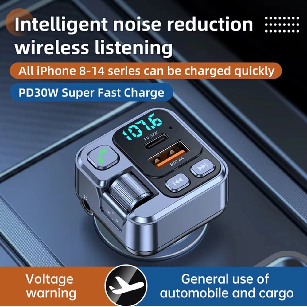 Car bluetooth Receiver USB PD30W Fast Charging Digital Display Car Mobile Phone Adapter FM Transmiter with LED Display