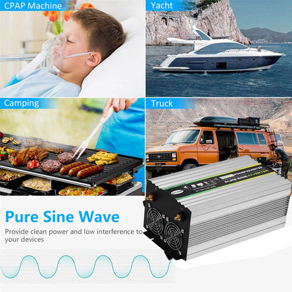 AUTSOME 12V to 220V Converter Pure Sine Wave Power Inverter Dual LCD Digital Display 2 Sockets Multiple Protection Functions