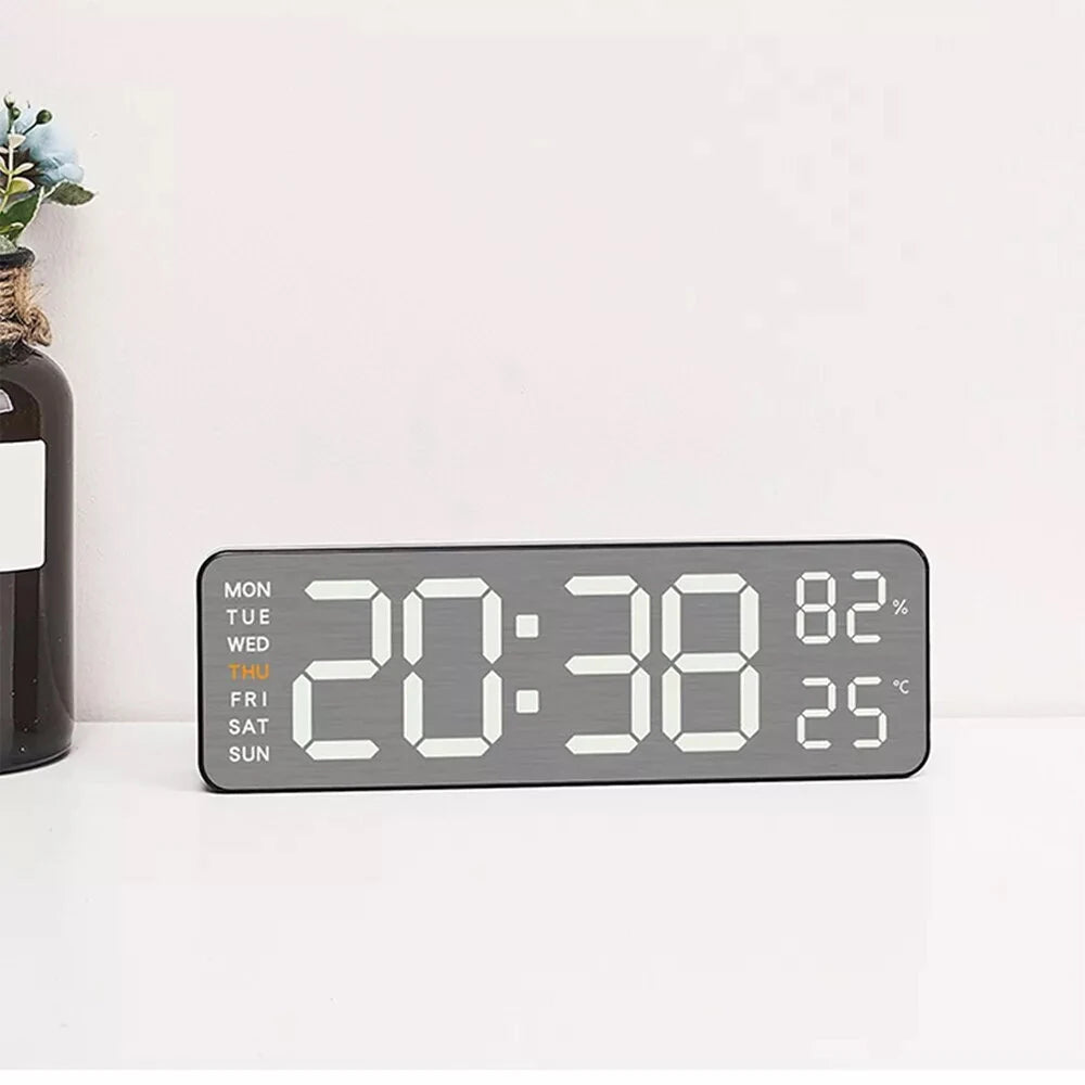 Electronic Wall Clock Temperature Humidity Display Metal Brushed Multifunctional Wall Clock Digital LED Electronic Alarm Clock