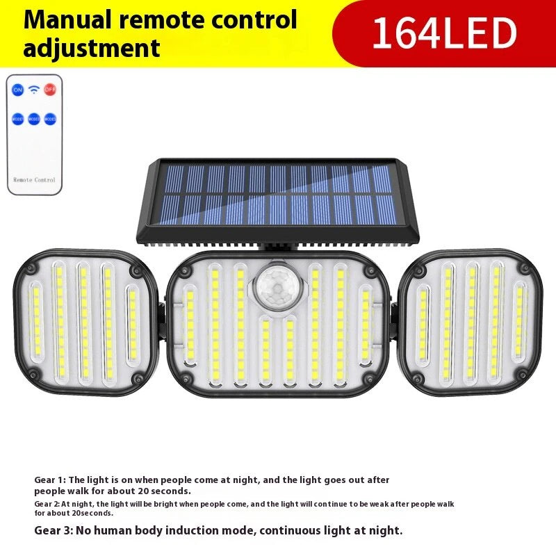 3-Head Motion Sensor Solar Light 350LM IP65 Waterproof Remote Control Floodlight 164/238 LED Outdoor Solar Lamp