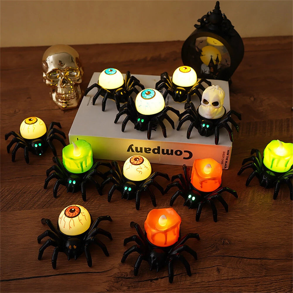 Elfeland 12PCS Halloween Spider Tea Lights with Glowing Eyes LED Flameless Spider Candle Halloween Decors with Skull & Eye Designs for Party Home Scary Atmosphere