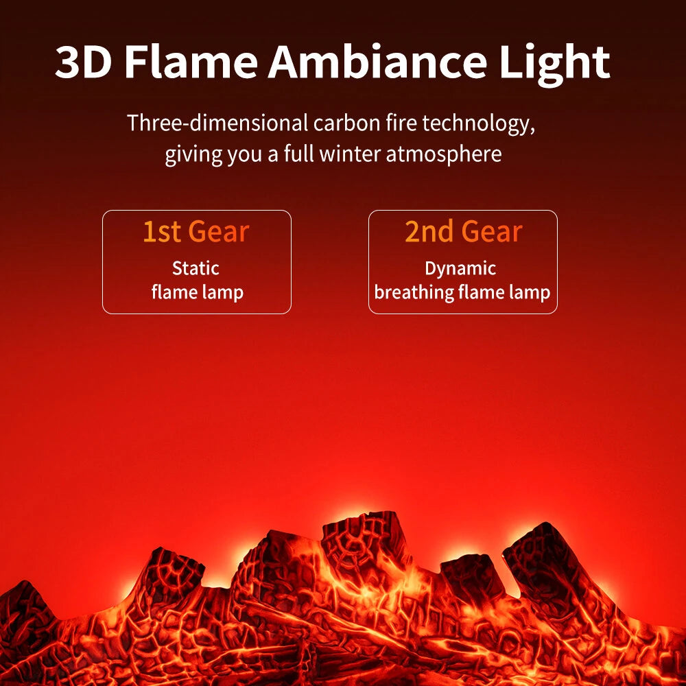 1500W 3D Dynamic Flame Heater PTC Rapid Heating Heater 2 Gear Hot Wind Ambient Light 4 Gears Timing Function for Home Office