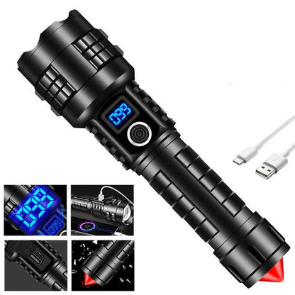 Powerful Tactical P70 LED Flashlight 3 Modes USB Power Display Torch with Self Rescue Hammer Broken Window Emergency