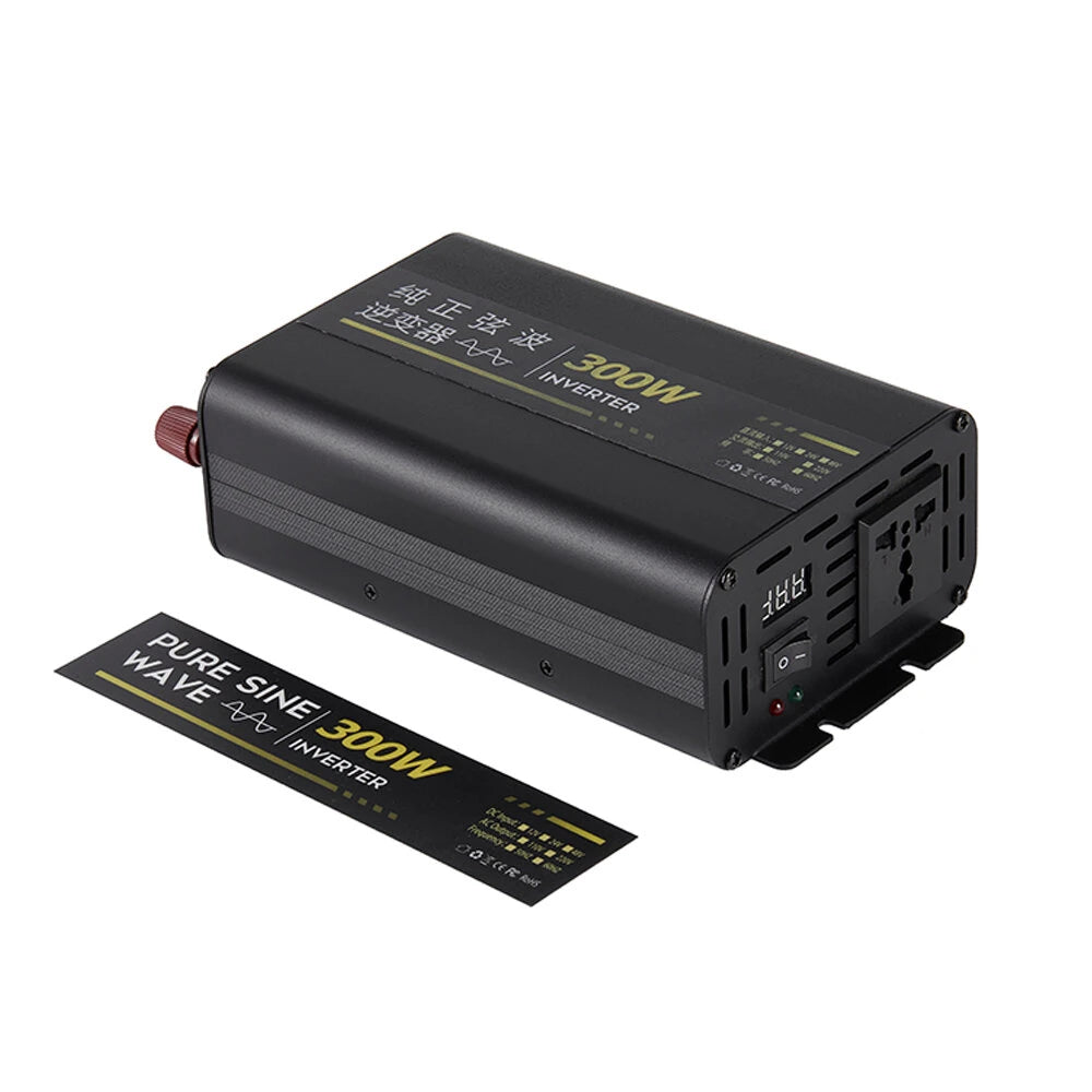 300W Pure Sine Wave Power Inverter 12V 24V to 220V AC Aluminum Alloy Case with Cooling Fan Remote Control High Efficiency 90% for Car RV Solar Overload Short Circuit Protection