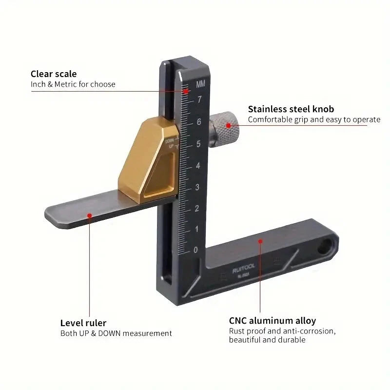 Aluminum Alloy Height Gauge Adjustable Table Saw Depth Measuring Tool Inch Metric Units Premium Woodworking Adjustable Depth Gauges for Carpentry