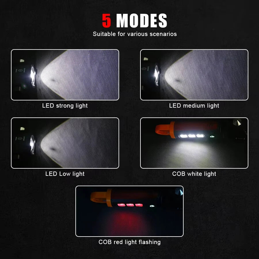 BL-X90 Zoom Handheld Flashlight with Dual Light Source Safety Hammer & Seat Belt Cutter USB-C Rechargeable Waterproof for Car Emergency Outdoor Tactical Lamp with Hook