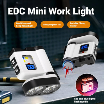 10*LED Strong Light Portable Keychain Flashlight Multi-Functional Magnetic Mini Clip Light USB Rechargeable Digital Display Waterproof Outdoor Red & Blue Warning Work Lamp Signal Camping EDC Tools