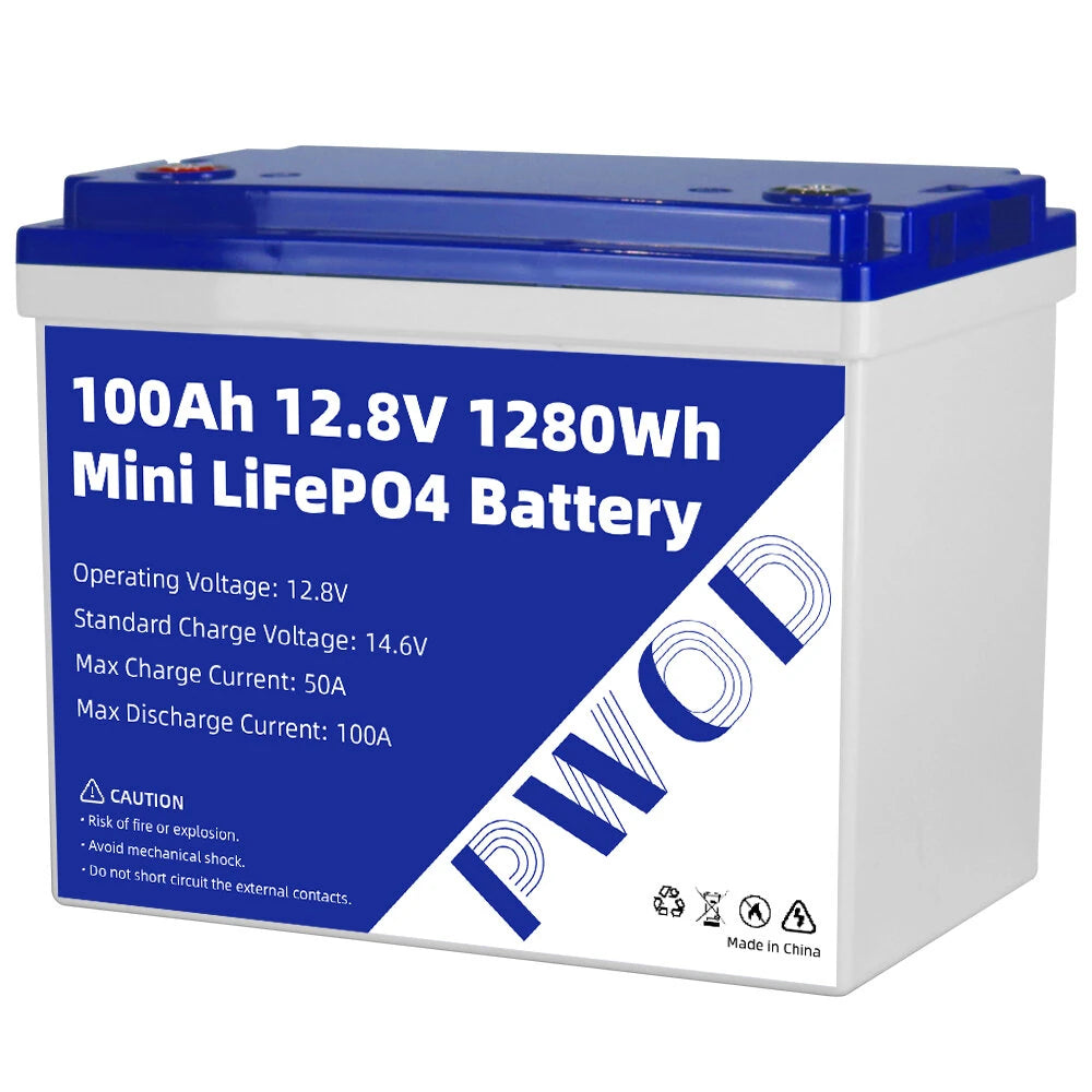 PWOD 12.8V 100Ah 1280Wh Mini LiFePO4 Battery Pack Grade A Build-in BMS Lithium Iron Phosphate For RV EV Camping