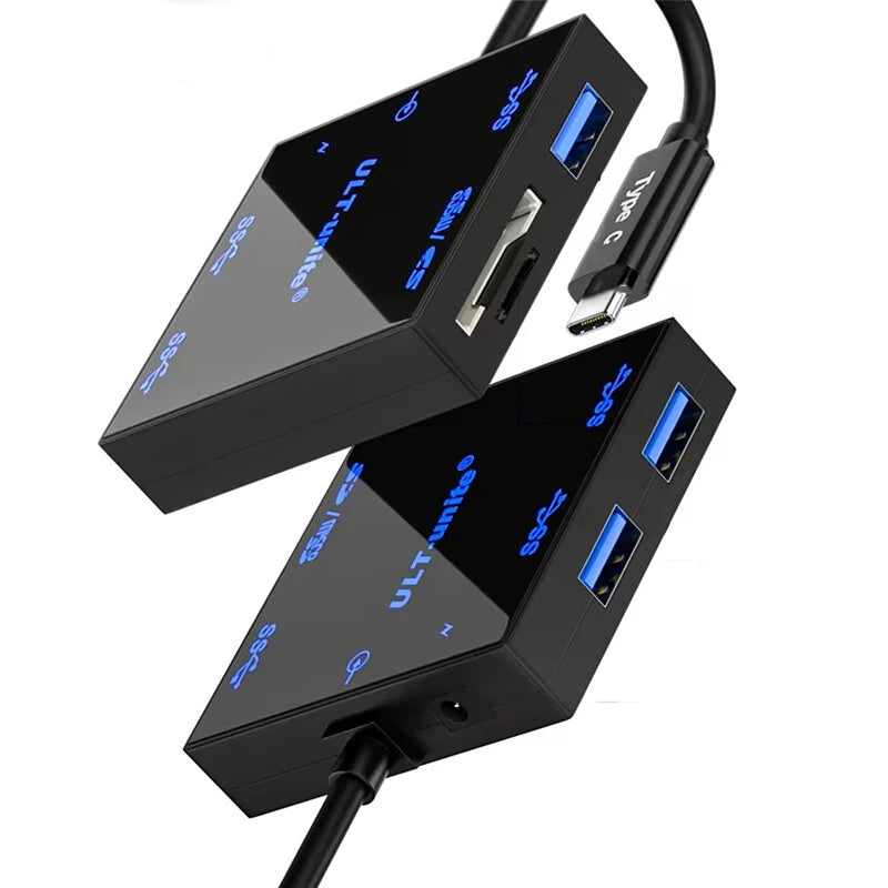 5-in-1 Type-C Docking Station with USB3.0*3 / TF&SD Card Reader Slot Multiports External Hubs Adapter with LED Backlight for PC Laptop Computer