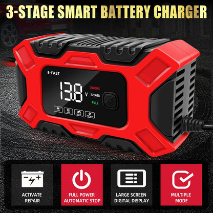 E-FAST 12V 6A Large Screen Digital Display Battery Charger Pulse Repair for Car Motorcycle Dry Water Lead-acid Batteries
