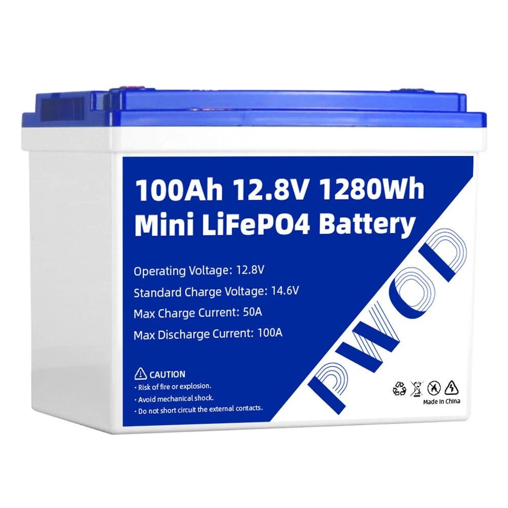 PWOD 12.8V 100Ah 1280Wh Mini LiFePO4 Battery Pack Grade A Build-in BMS Lithium Iron Phosphate For RV EV Camping