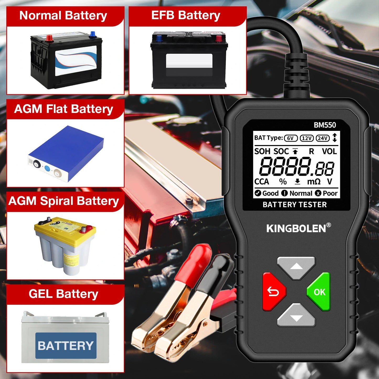 Kingbolen BM550 Car Electric Vehicle 6V 12V 24V Multi-Function Intelligent Digital Display Professional Battery Test Diagnosis