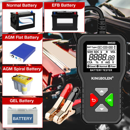 Kingbolen BM550 Car Electric Vehicle 6V 12V 24V Multi-Function Intelligent Digital Display Professional Battery Test Diagnosis