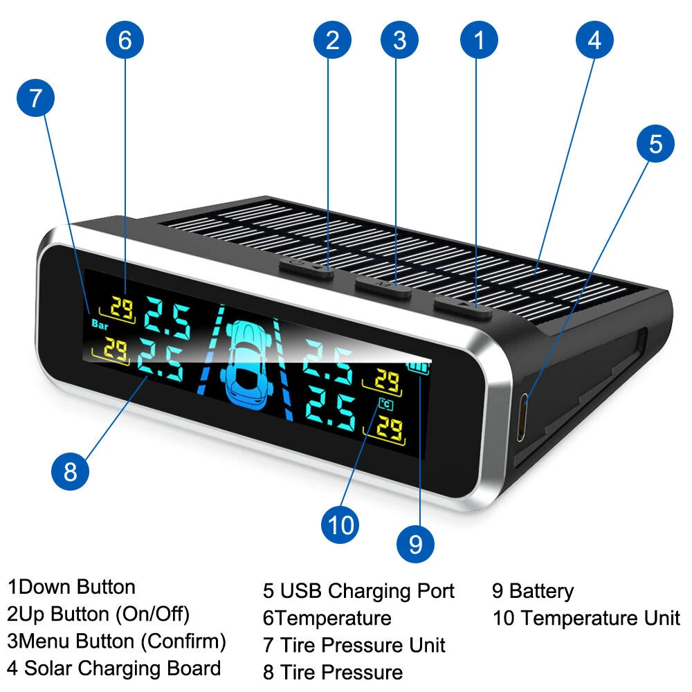 Solar Charging TPMS Car Tire Pressure Monitoring System Digital LCD Display Four-wheel Pressure Real-time Monitorings
