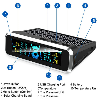 Solar Charging TPMS Car Tire Pressure Monitoring System Digital LCD Display Four-wheel Pressure Real-time Monitorings