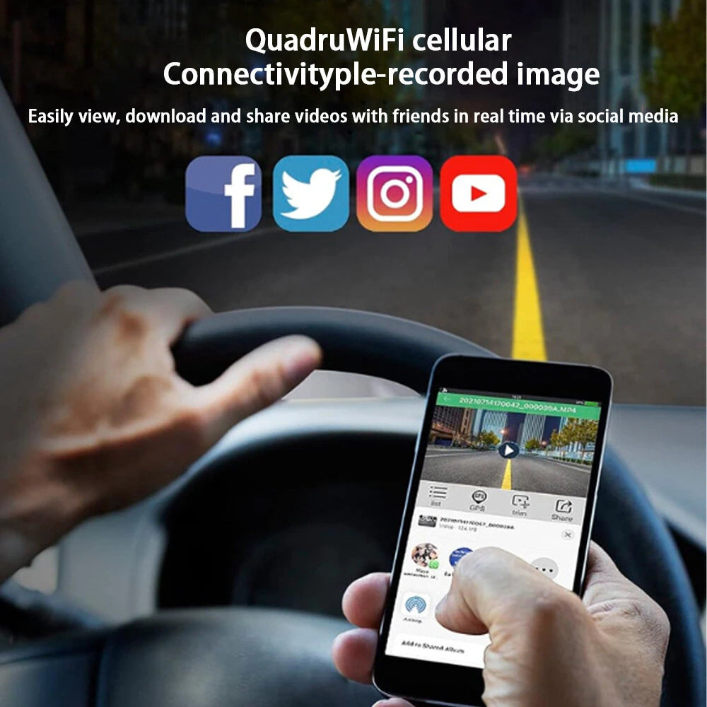 4 Channel 3-Inch IPS HD Dash Cam Night Vision Quad-Recording 1080P GPS Driving Recorder WiFi Connect Accident Recording Lock