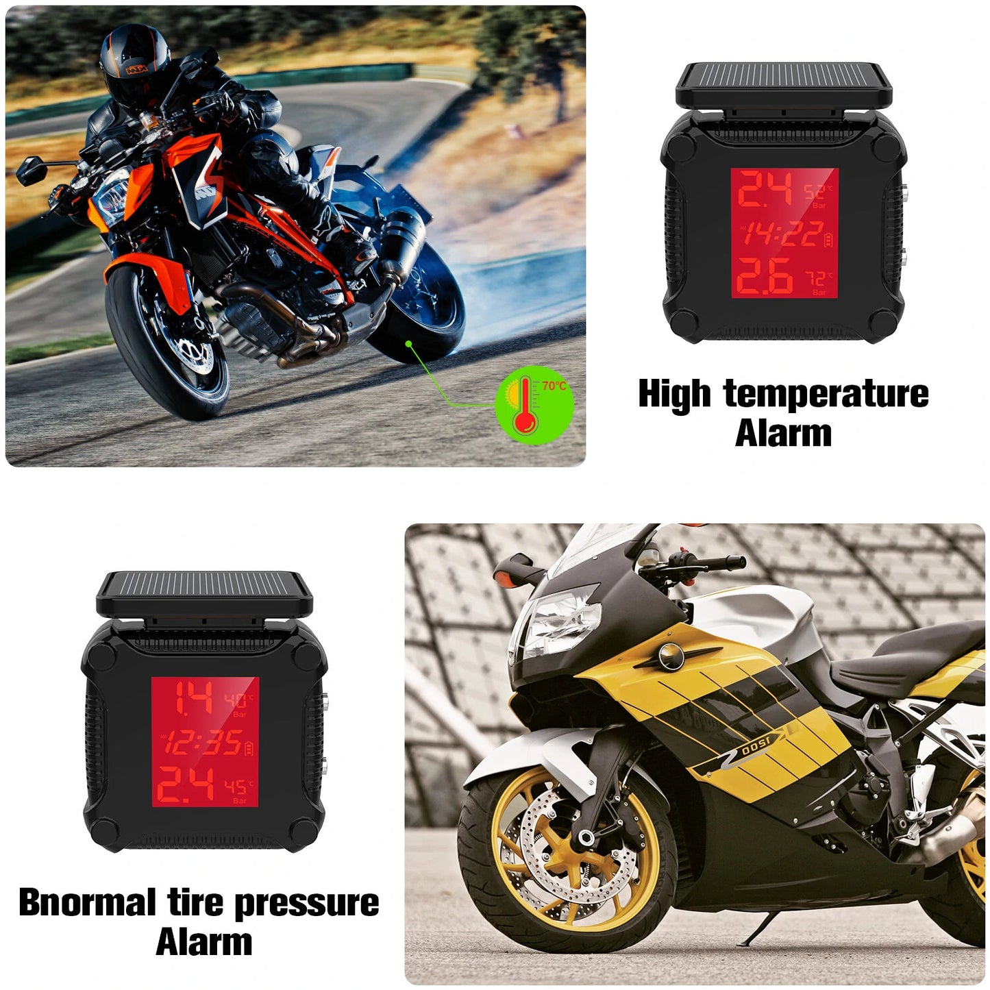 Motorcycle Solar Charge Tyre Temperature Alarm Sensor Tire Pressure Monitoring System Colorful Display Wireless TPMS
