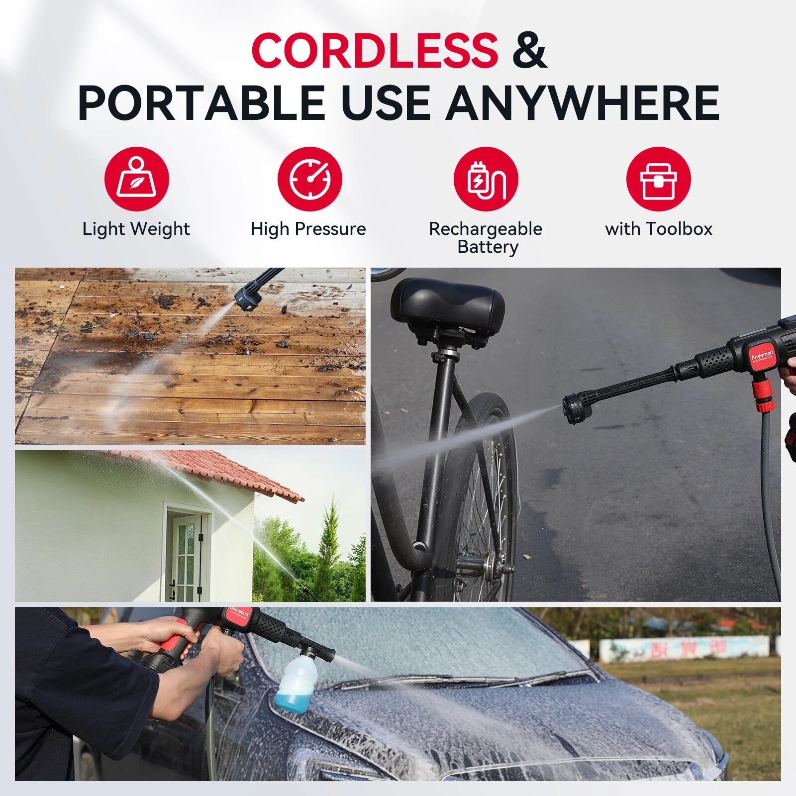 Andeman Battery Pressure Washer, Portable Pressure Washer, 6-in-1 Multi Spray Nozzle, 5 m Hose for Car, Patio, Garden