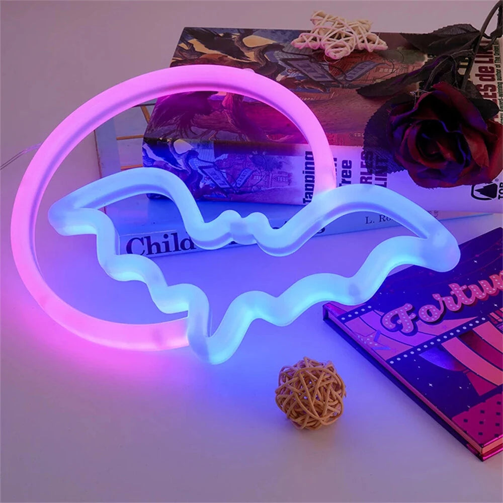 Halloween Bat Moon Neon Sign LED Light USB or Battery Powered IP42 Waterproof Festive Wall and Table Decor
