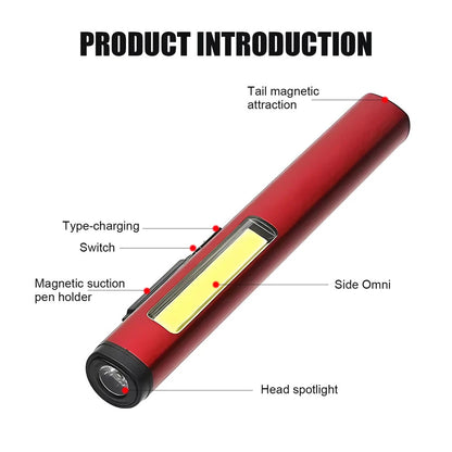 Bikight Magnetic LED Work Flashlight Pen Light USB Rechargeable Emergency Mini Torch Super Bright Outdoor Camping COB Pocket Lamp