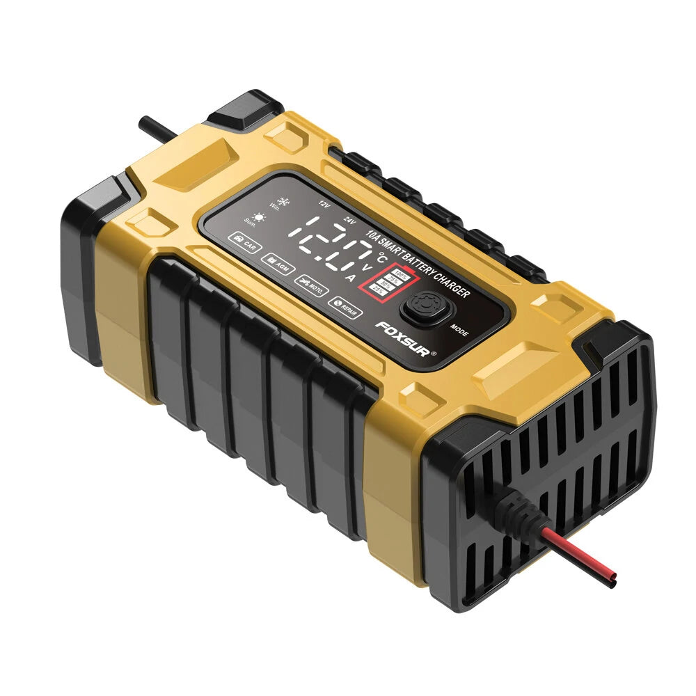 FOXSUR 12V 24V 10A Battery Charger with Intelligent Repair Screen Display for Cars and Motorcycles