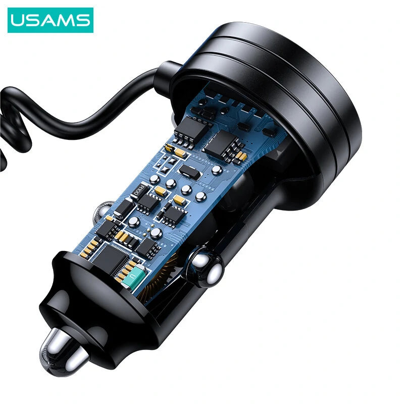 USAMS C33 60W 12-24V Car Charger USB Type C PD Fast Charge Hardware Plastic Belt with Aperture Spring Cable