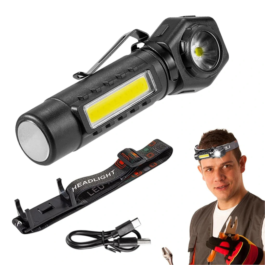 BIKIGHT LED COB Dual Light 2 in 1 Headlamp Flashlight,1800mAh Type-C Rechargeable Magnetic Work Lights 5 Modes Portable Working Flash Light