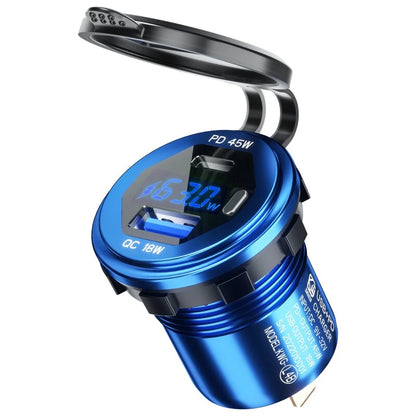 12-24V 63W Metal Car Charger Socket 45W PD + 18W QC3.0 with LED Voltage/Power Display ON/OFF Switch for SUV Motorcycle Truck Boat ATV