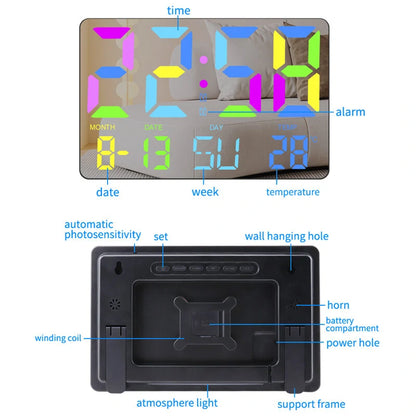 AGSIVO Large RGB Rainbow Digital Wall Clock Alarm Clock Large LED Display with Snooze / Remote Control / Automatic Brightness / Indoor Temperature / Date / Week / 12/24H For Home Office Classroom