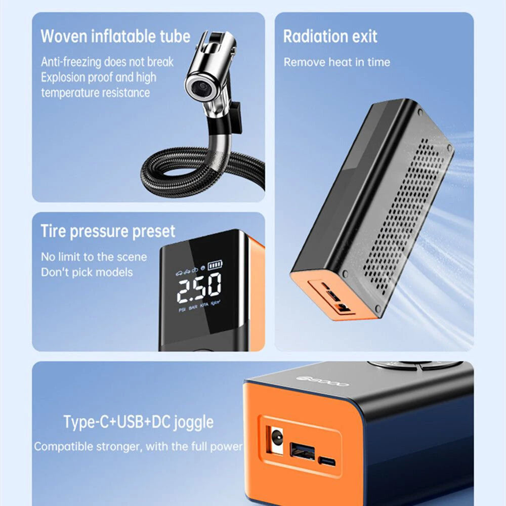 80W Car Tire Inflator Portable Air Compressor 150 PSI Electric Tire Inflator Cordless Tire Pump with Digital LED Display Emergency Light