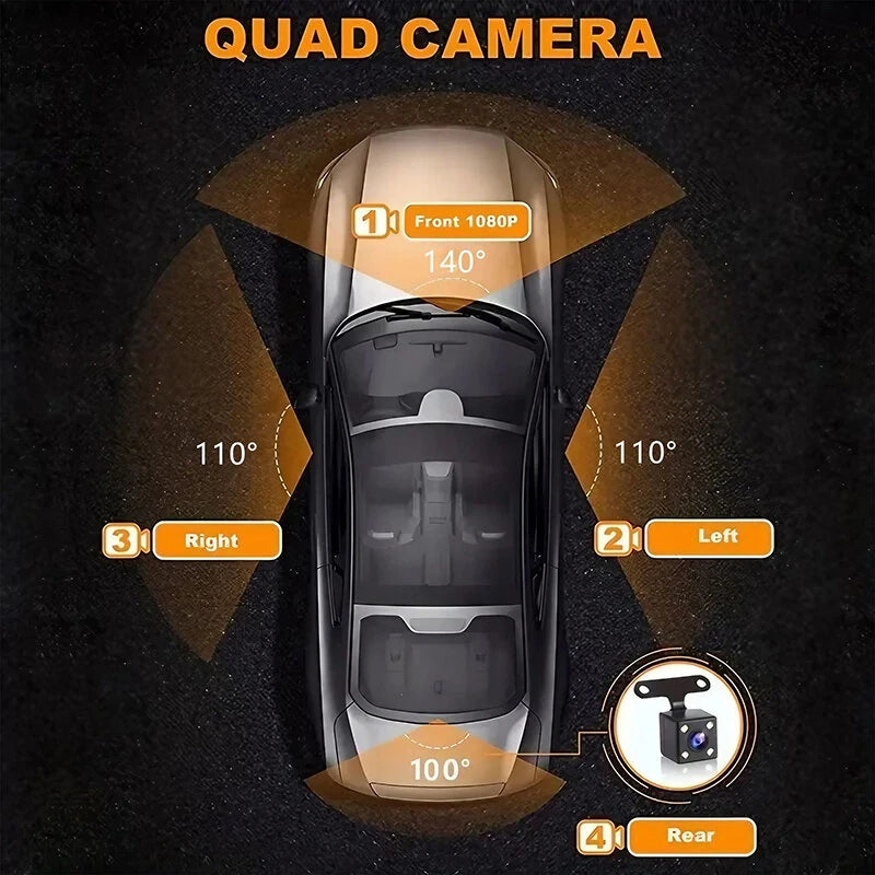 2Inch IPS Screen Dash Camera 4 Channel 1080P HD Driving Recorder Loop Recording G-Sensor Wide Angle Coverage
