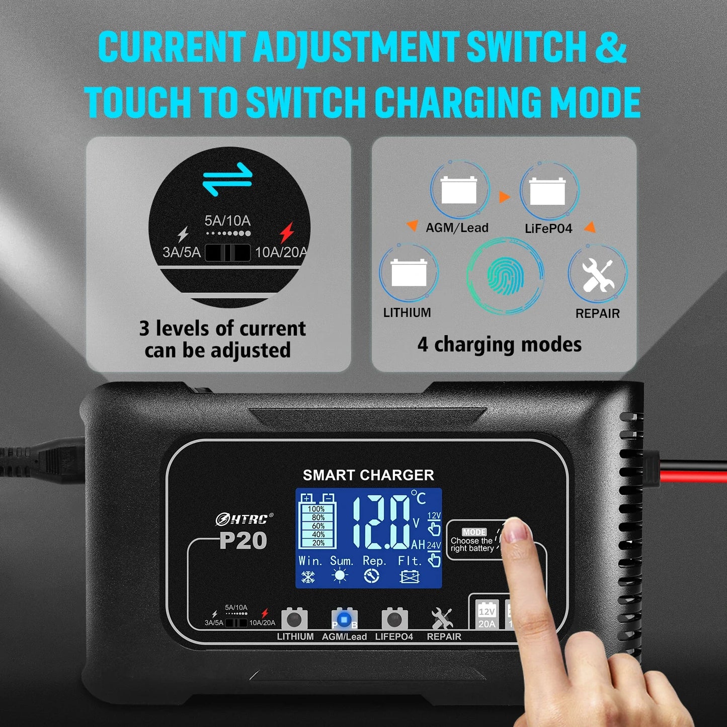 HTRC 15A/20A Smart Battery Charger Automatic Pulse Repair Charge for Lead-Acid Lithium LiFePO4 Battery Car Motorcycle Charger