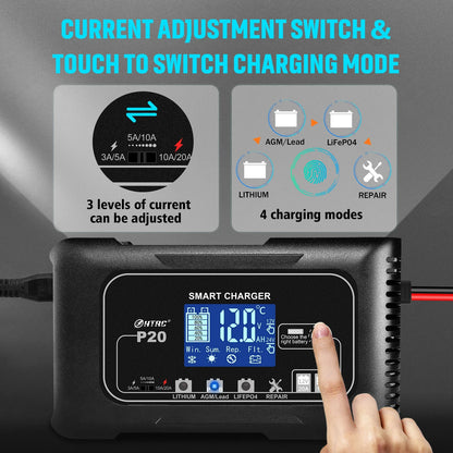 HTRC 15A/20A Smart Battery Charger Automatic Pulse Repair Charge for Lead-Acid Lithium LiFePO4 Battery Car Motorcycle Charger