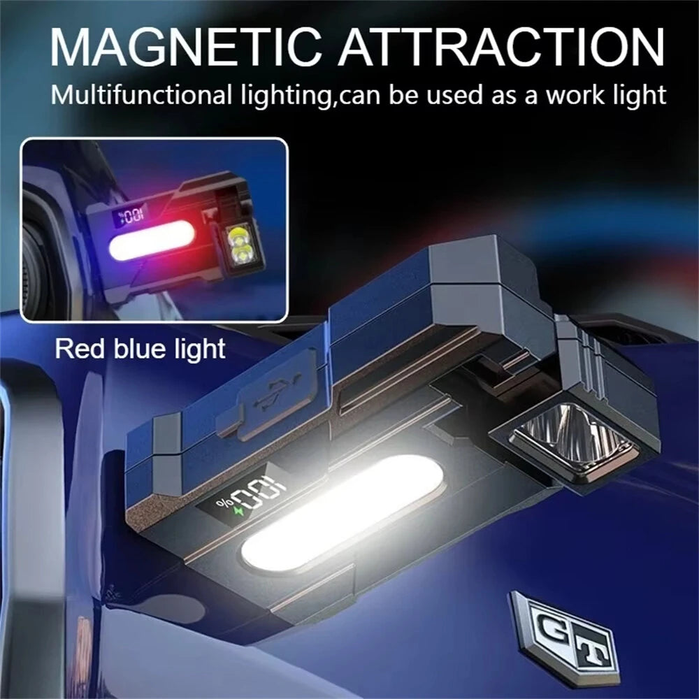 Multipurpose Dual Light Source LED Keychain Flashlight LCD Display Rotatable Pocket Work Light with Metal Clip EDC Torch for Outdoor Camping Hiking Emergency