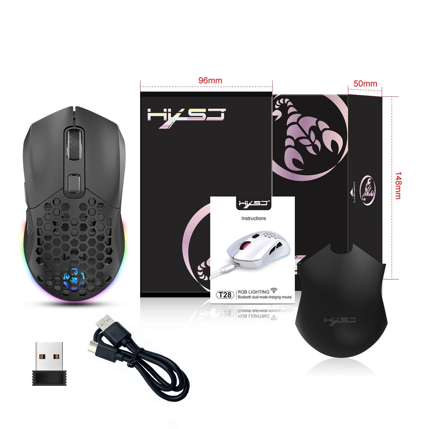 HXSJ T28 Dual Mode Wireless Mouse Hollow Design 800-4800DPI RGB Backlight 600mAh Rechargeable 2.4G/bluetooth Gamer Mice