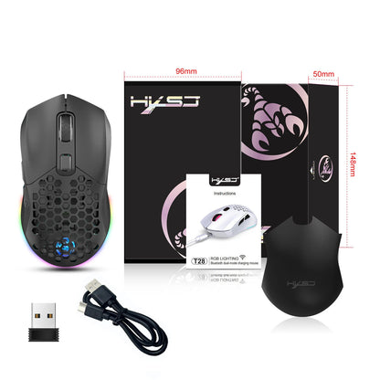 HXSJ T28 Dual Mode Wireless Mouse Hollow Design 800-4800DPI RGB Backlight 600mAh Rechargeable 2.4G/bluetooth Gamer Mice