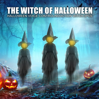 Elfeland 1/3pcs Faceless Voice-Activated Floating Witch Decor with 7-Color Glowing Head & Sound Effects Life-Size Scary Halloween Prop
