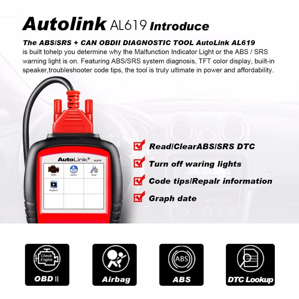 Autel AL619 Car Diagnostic Tool OBD2 Auto Scanner Diagnostic Tool OBD 2 Supported Multiple Languages ABS/SRS System Diagnosis