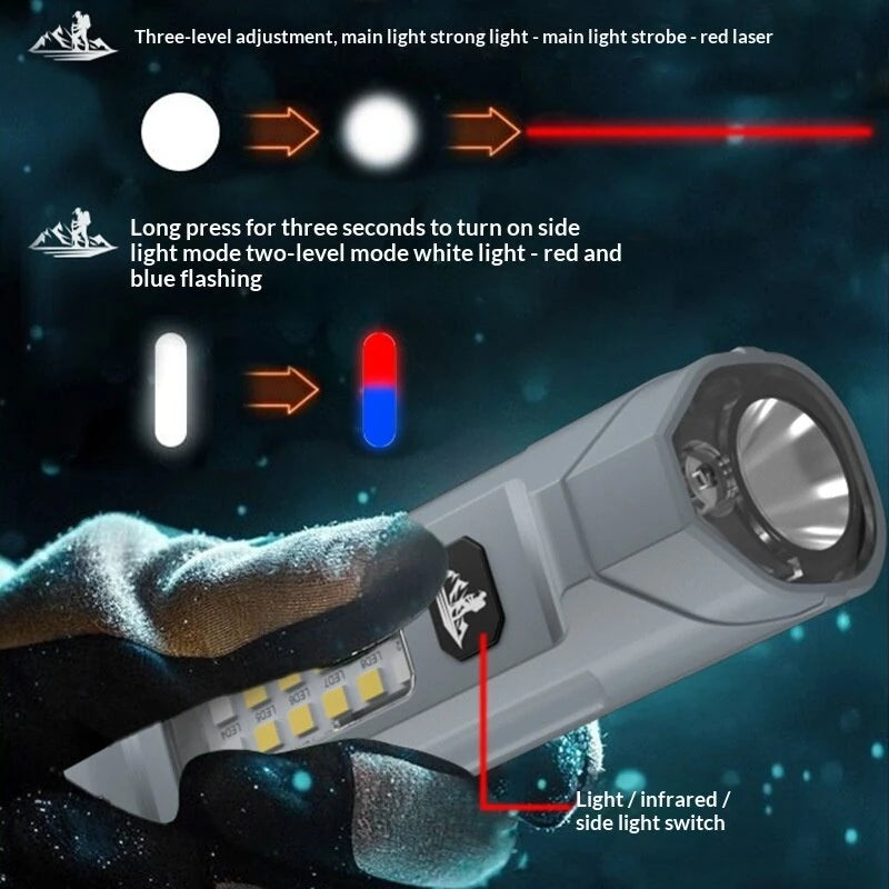 Bikight LY-905 Outdoors Magnetic LED Flashlight with Red LEP Pointer Dual Light Mode 5-Gear Dimming USB-C Recharging 18650 Battery for Outdoor Camping Hiking Emergency Tactical Torch Lamp with Back Backle Clip