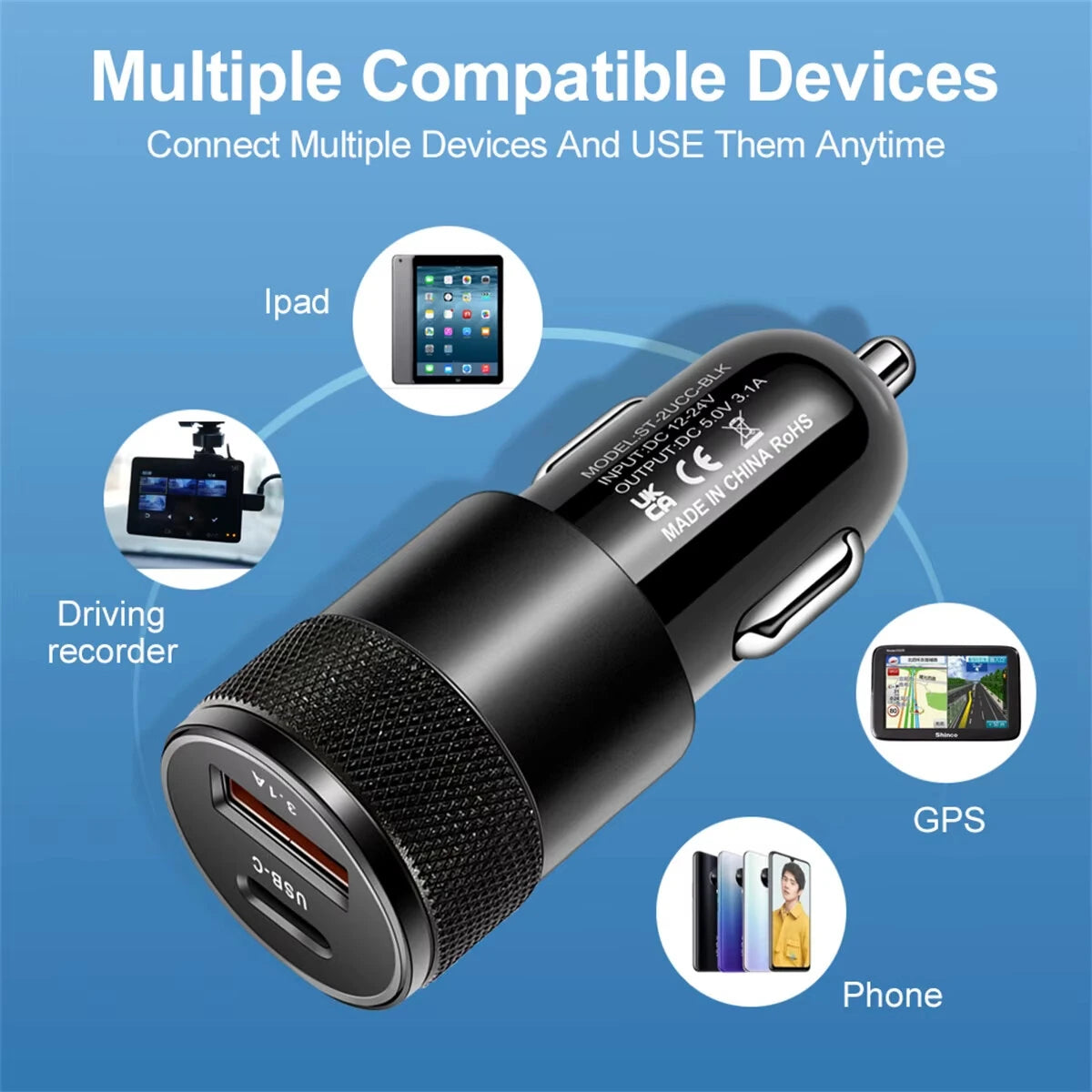 3.1A USB Car Charger Type C Fast Charging Phone Adapter Dual-Port Charging For Xiaomi Huawei PD Phone Charger Adapter Socket