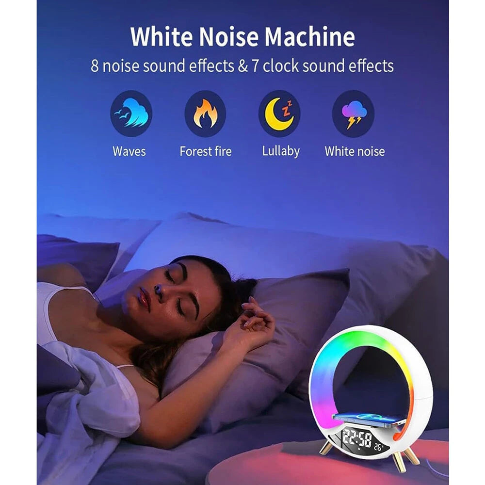 Multifunctional RGB LED Night Light Clock with Bluetooth Speaker Colorful Ambiance Lighting Wireless Charging Phone Fast Charging