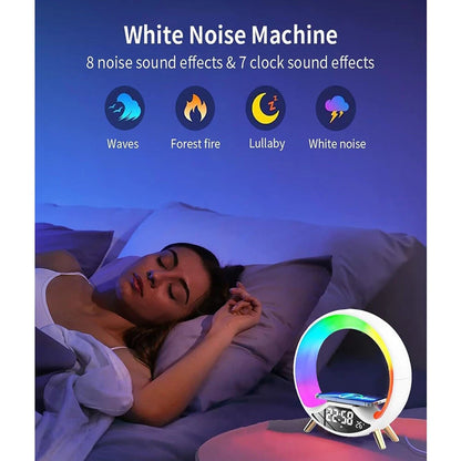 Multifunctional RGB LED Night Light Clock with Bluetooth Speaker Colorful Ambiance Lighting Wireless Charging Phone Fast Charging