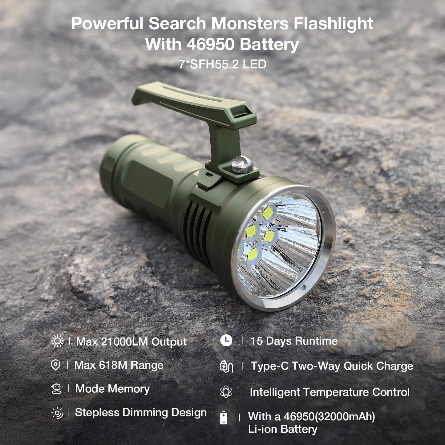 Astrolux MF07 7*SFH55.2 LED 21000LM Powerful Search Monsters Flashlight with 46950 Battery Max 618M Throw Flashlight 15 Days Runtime Type-C USB Rechargeable Powerful LED Torch for Outdoor Adventure Hiking Camping Searching Fishing