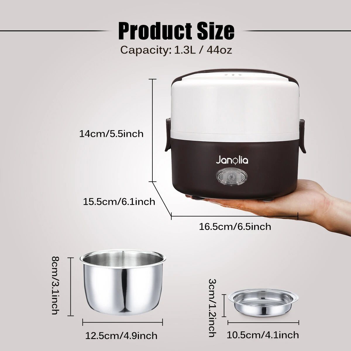 Janolia 1.3L 200W Portable Electric Lunch Box Food Warmer with Removable Stainless Steel Container Electric Heating Bento Lunch Box Food Storage Container EU Plug for Office and Home