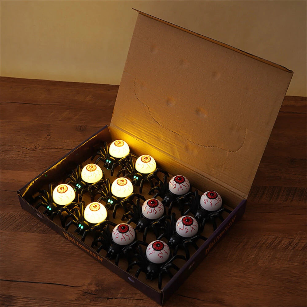 Elfeland 12PCS Halloween Spider Tea Lights with Glowing Eyes LED Flameless Spider Candle Halloween Decors with Skull & Eye Designs for Party Home Scary Atmosphere