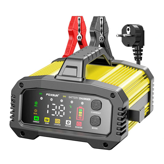 FOXSUR Portable 12V 25A 24V 15A Battery Charger High Power Large Screen Color Display For Lead-Acid Lithium Iron Batteries Car Ship Motorcycle